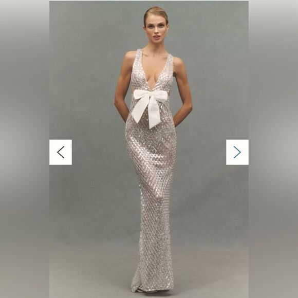 Bronx and Banco Dresses & Skirts - NWOT BRONX AND BANCO Liora Bridal Gown , Elegant Silver Evening Gown with Bow